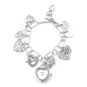 Strada White Austrian Crystal and Enameled Japanese Movement Charm Heart Bracelet Watch in Silvertone (7.5-9 in)
