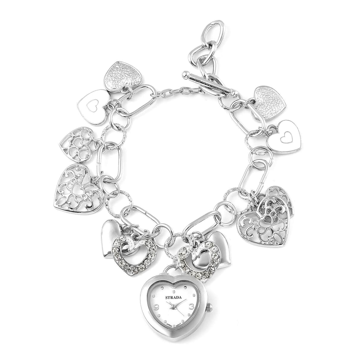 Strada White Austrian Crystal and Enameled Japanese Movement Charm Heart Bracelet Watch in Silvertone (7.5-9 in) image number 0