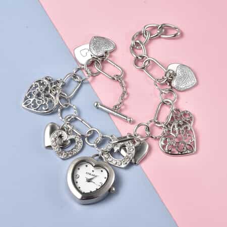 Strada White Austrian Crystal and Enameled Japanese Movement Charm Heart Bracelet Watch in Silvertone (7.5-9 in) image number 1