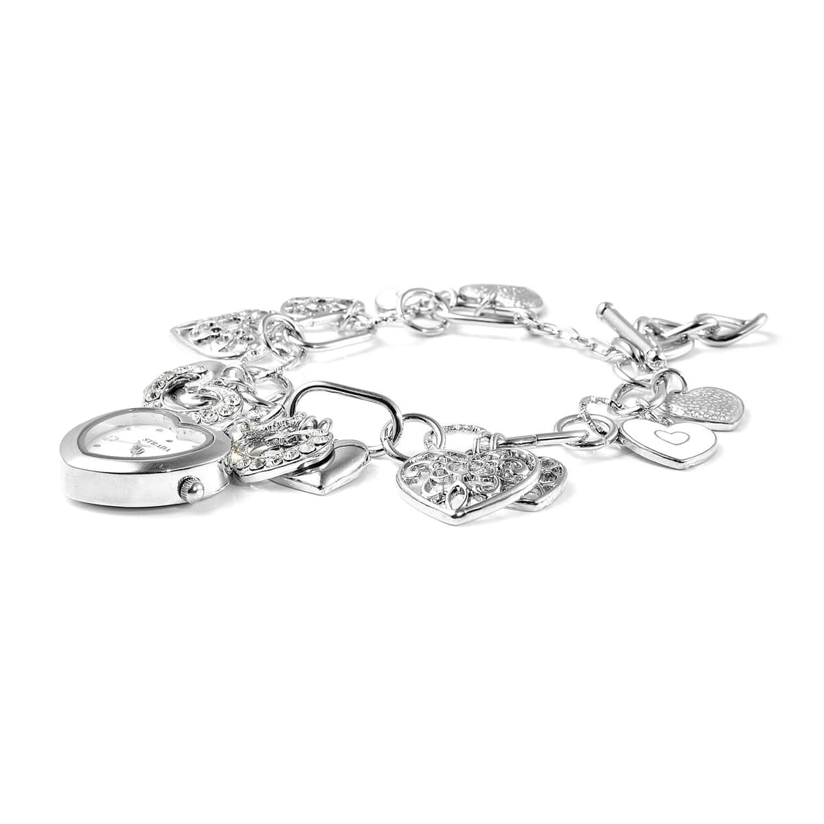 STRADA White Austrian Crystal, Enameled Japanese Movement Charm Heart Bracelet Watch in Silvertone (7.5-9 in) image number 2