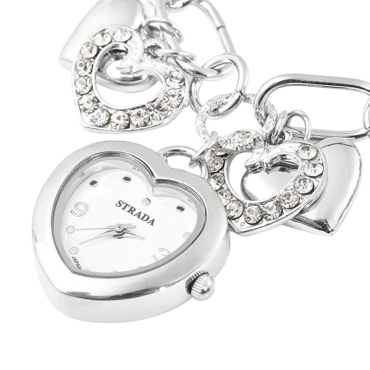 STRADA White Austrian Crystal, Enameled Japanese Movement Charm Heart Bracelet Watch in Silvertone (7.5-9 in) image number 3