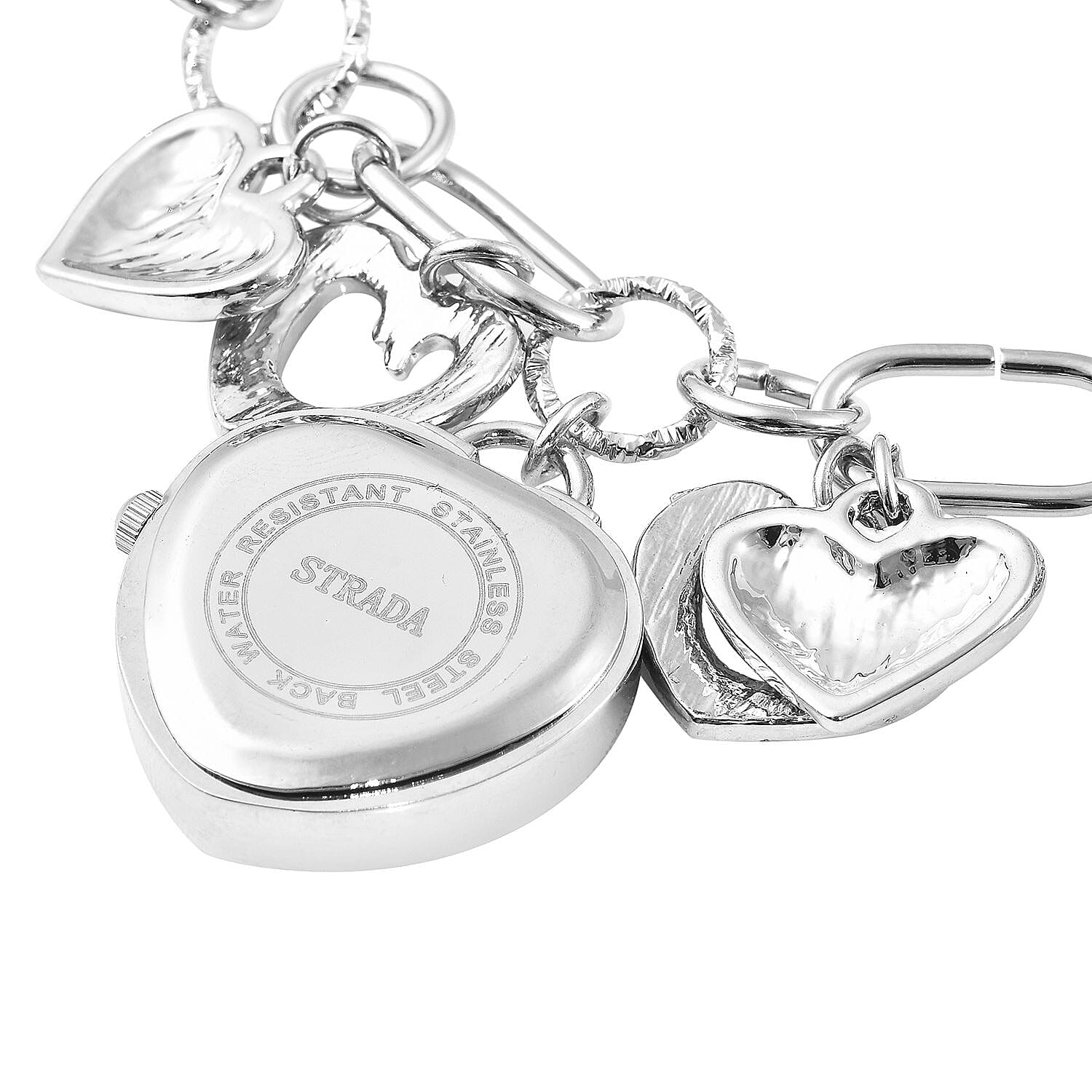 Strada White Austrian Crystal and Enameled Japanese Movement Charm Heart Bracelet Watch in Silvertone (7.5-9 in)