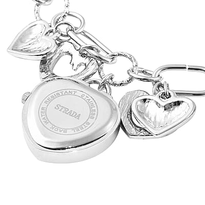 Strada White Austrian Crystal and Enameled Japanese Movement Charm Heart Bracelet Watch in Silvertone (7.5-9 in)