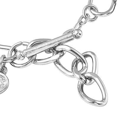 Strada White Austrian Crystal and Enameled Japanese Movement Charm Heart Bracelet Watch in Silvertone (7.5-9 in)
