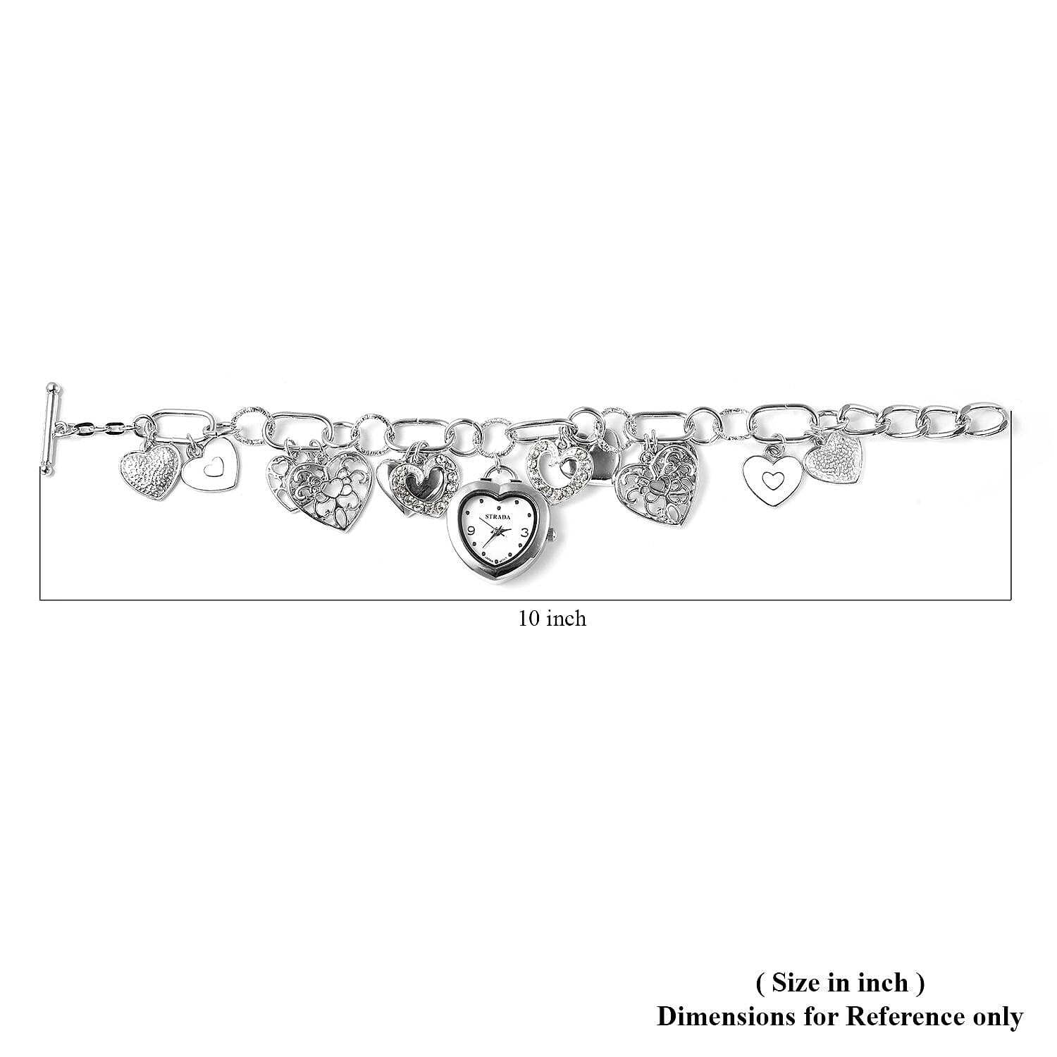 Strada White Austrian Crystal and Enameled Japanese Movement Charm Heart Bracelet Watch in Silvertone (7.5-9 in)