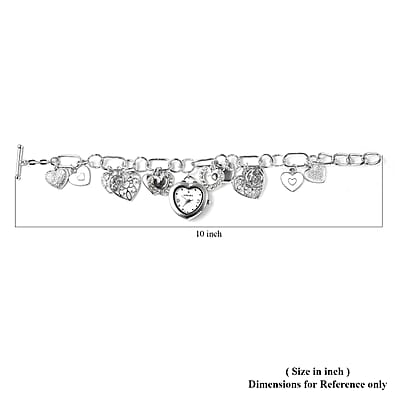 Strada White Austrian Crystal and Enameled Japanese Movement Charm Heart Bracelet Watch in Silvertone (7.5-9 in)