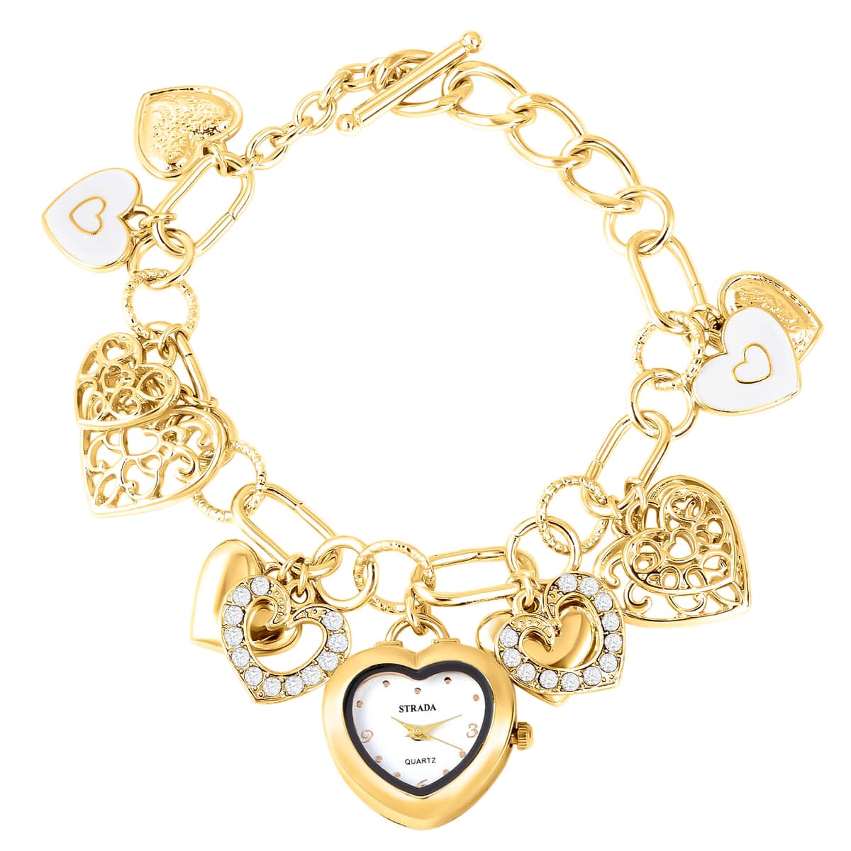 Strada White Austrian Crystal, Enameled Japanese Movement Charm Heart Bracelet Watch in Goldtone (7.5-9 in) image number 0