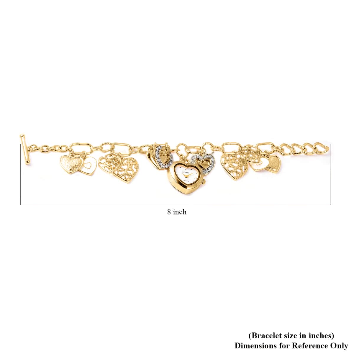 Strada White Austrian Crystal, Enameled Japanese Movement Charm Heart Bracelet Watch in Goldtone (7.5-9 in) image number 4