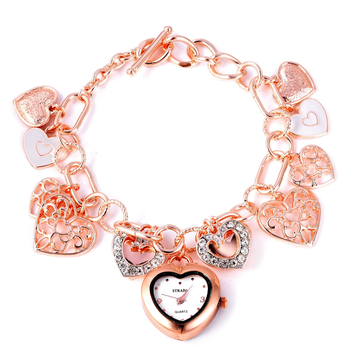Strada White Austrian Crystal and Enameled Japanese Movement Charm Heart Bracelet Watch in Rosetone (7.5-9 in) image number 0