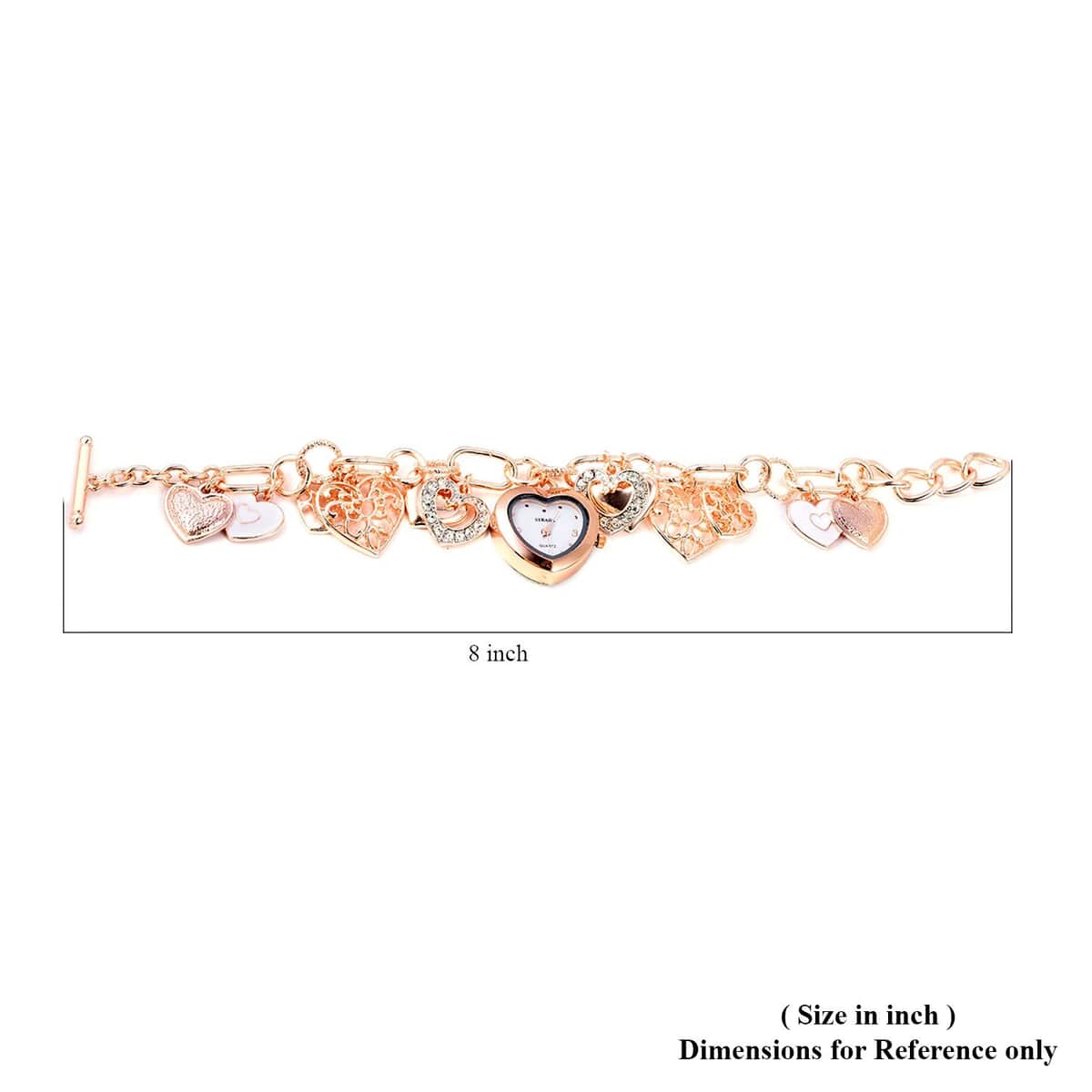 Strada White Austrian Crystal and Enameled Japanese Movement Charm Heart Bracelet Watch in Rosetone (7.5-9 in) image number 4