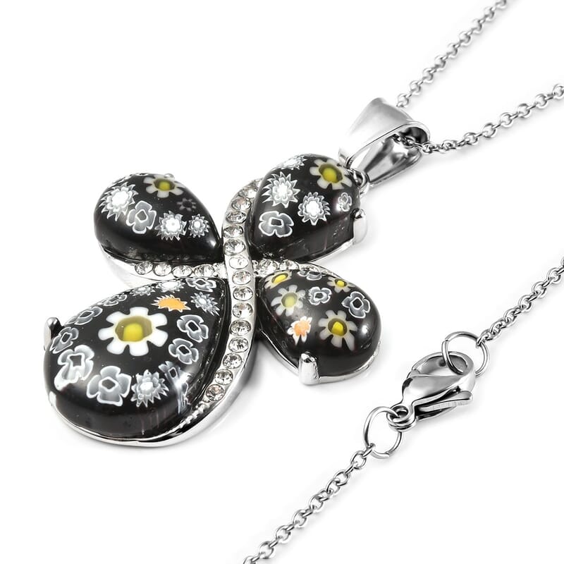 Murano Style Glass Necklace For Women in Stainless steel, Cross Pendant