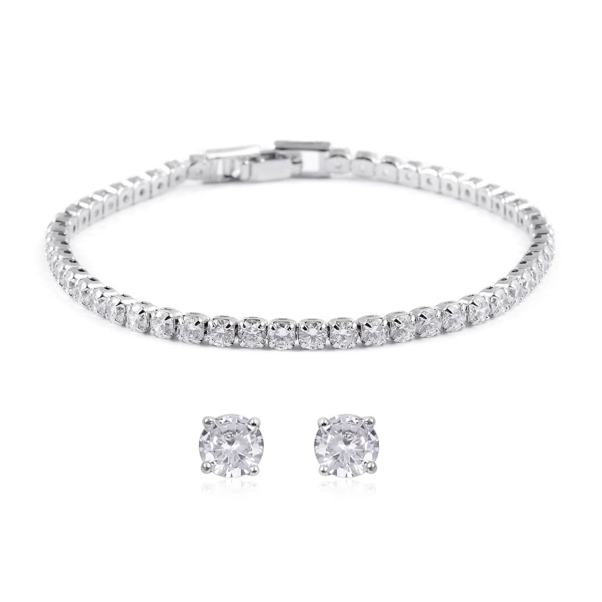 Simulated Diamond Stud Earrings and Bracelet in Silvertone (7.00 In) image number 0