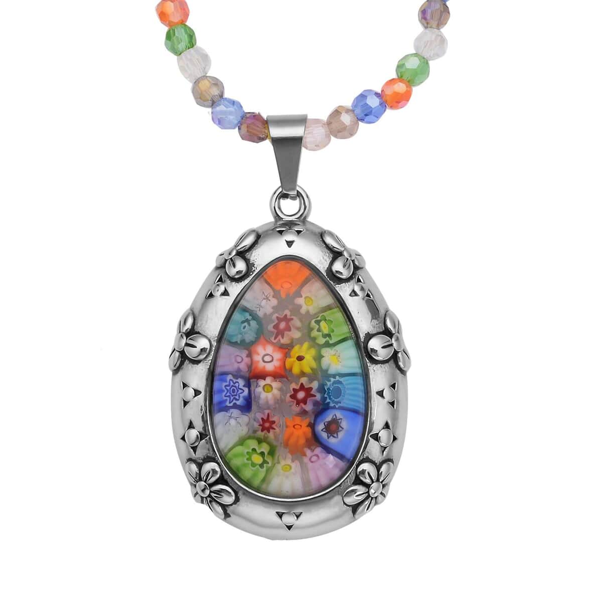 Multi Color Murano Style Pendant with Facet Beaded Necklace 20 Inches in Black Oxidized Stainless Steel image number 0