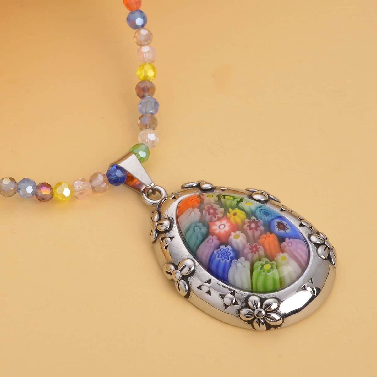 Multi Color Murano Style Pendant with Facet Beaded Necklace 20 Inches in Black Oxidized Stainless Steel image number 1