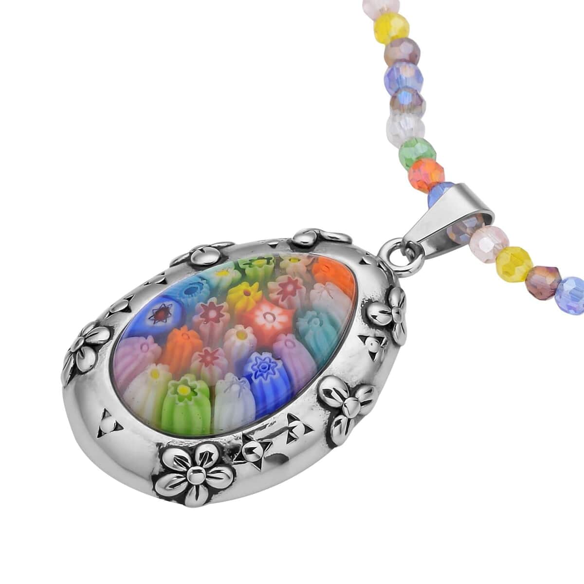 Multi Color Murano Style Pendant with Facet Beaded Necklace 20 Inches in Black Oxidized Stainless Steel image number 2