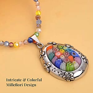 Multi Color Murano Style Pendant with Facet Beaded Necklace in Black Oxidized Stainless Steel, Colorful Jewelry, Gift For Her 20 Inches