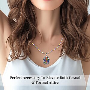 Multi Color Murano Style Pendant with Facet Beaded Necklace in Black Oxidized Stainless Steel, Colorful Jewelry, Gift For Her 20 Inches