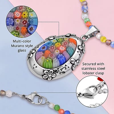 Multi Color Murano Style Pendant with Facet Beaded Necklace in Black Oxidized Stainless Steel, Colorful Jewelry, Gift For Her 20 Inches