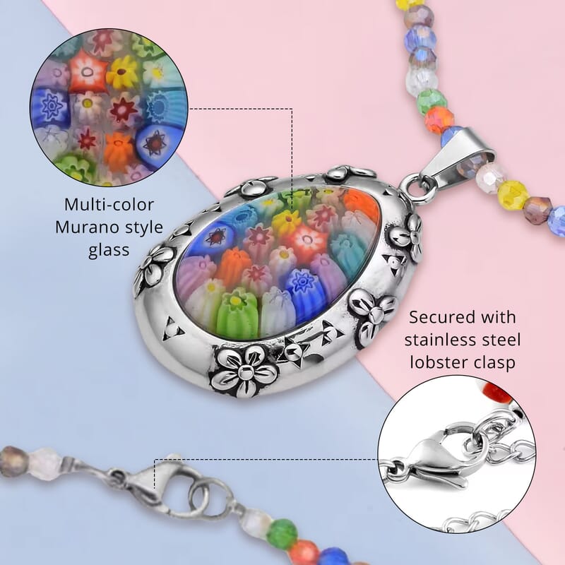 Multi Color Murano Style Pendant with Facet Beaded Necklace in Black Oxidized Stainless Steel, Colorful Jewelry, Gift For Her 20 Inches