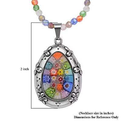 Multi Color Murano Style Pendant with Facet Beaded Necklace in Black Oxidized Stainless Steel, Colorful Jewelry, Gift For Her 20 Inches