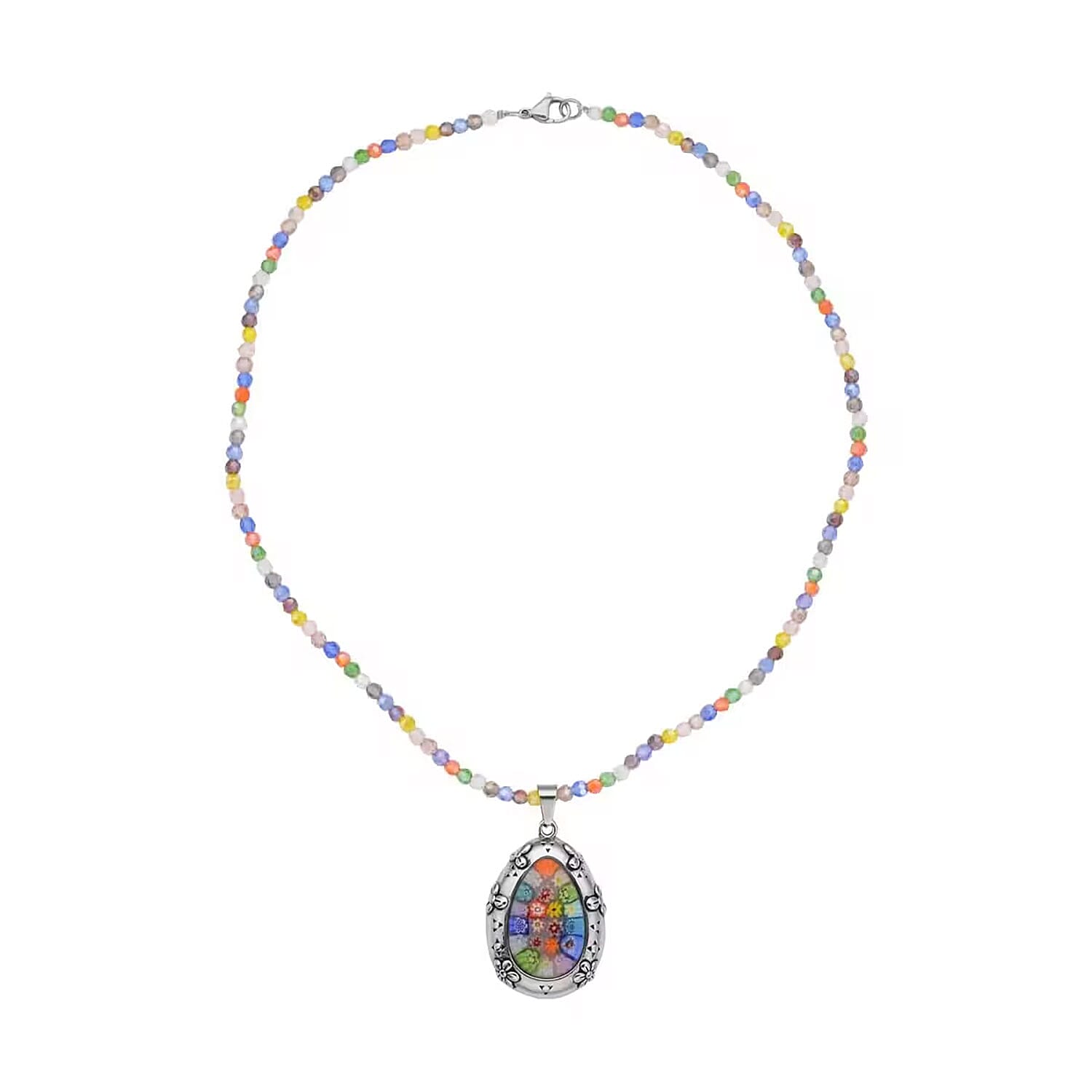 Multi Color Murano Style Pendant with Facet Beaded Necklace in Black Oxidized Stainless Steel, Colorful Jewelry, Gift For Her 20 Inches