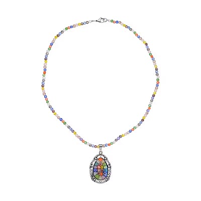 Multi Color Murano Style Pendant with Facet Beaded Necklace in Black Oxidized Stainless Steel, Colorful Jewelry, Gift For Her 20 Inches