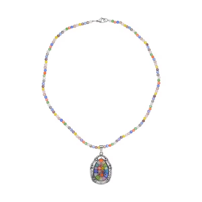 Multi Color Murano Style Pendant with Facet Beaded Necklace in Black Oxidized Stainless Steel, Colorful Jewelry, Gift For Her 20 Inches