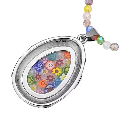 Multi Color Murano Style Pendant with Facet Beaded Necklace in Black Oxidized Stainless Steel, Colorful Jewelry, Gift For Her 20 Inches