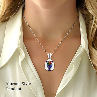Multi Color Murano Style, Austrian Crystal, Enameled Pendant Necklace in Stainless Steel 20 Inches