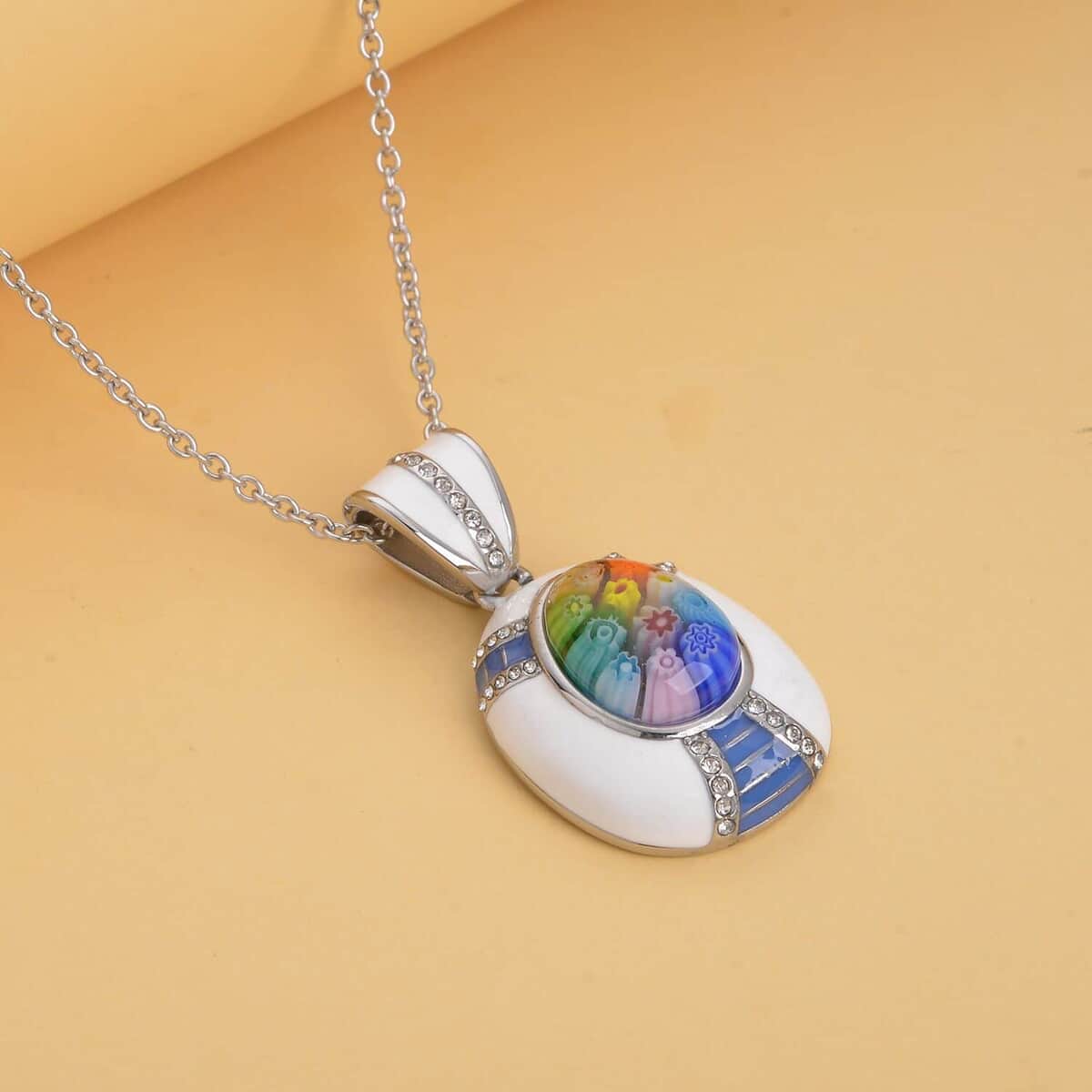 Multi Color Murano Style, Austrian Crystal, Enameled Pendant Necklace 20 Inches in Stainless Steel, Floral Millefiori Pendant Necklace, Sweatproof Hypoallergenic Necklace, Gift For Her image number 1