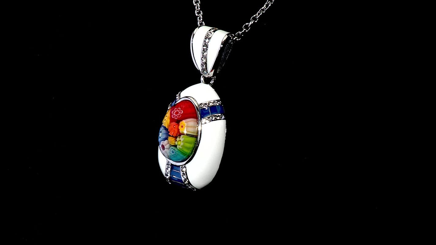 Murano Style and Enameled Heart Pendant Necklace 20 Inches in Stainless Steel