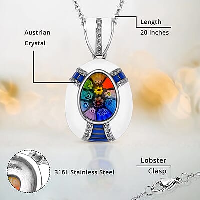 Multi Color Murano Style, Austrian Crystal, Enameled Pendant Necklace in Stainless Steel 20 Inches