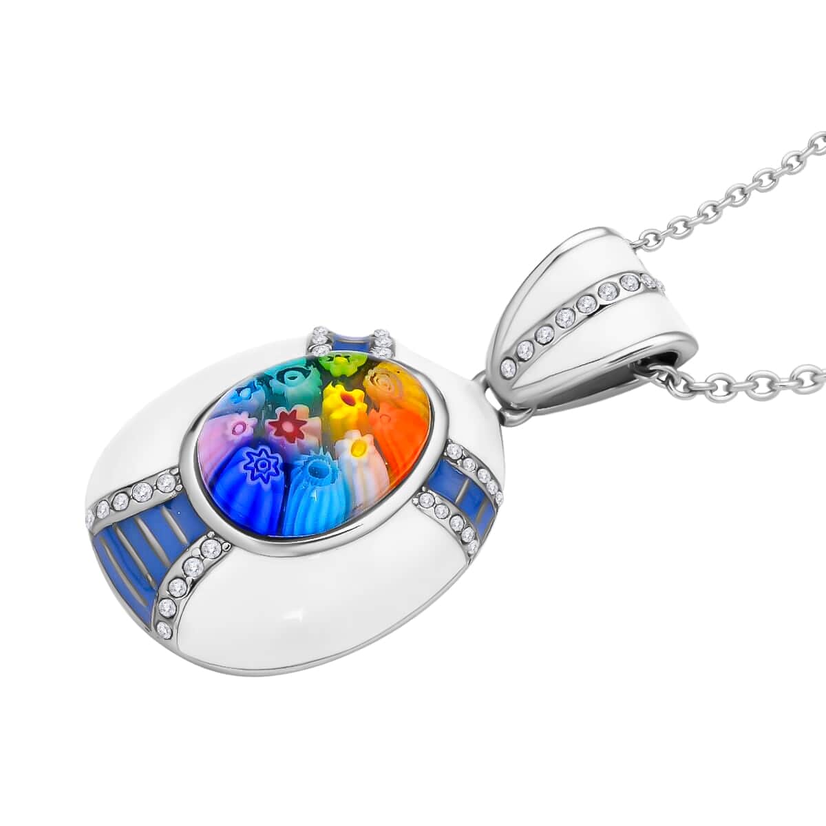 Multi Color Murano Style, Austrian Crystal, Enameled Pendant Necklace 20 Inches in Stainless Steel, Floral Millefiori Pendant Necklace, Sweatproof Hypoallergenic Necklace, Gift For Her image number 3
