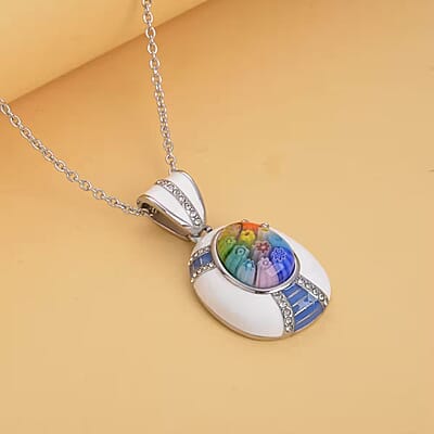 Multi Color Murano Style, Austrian Crystal, Enameled Pendant Necklace in Stainless Steel 20 Inches