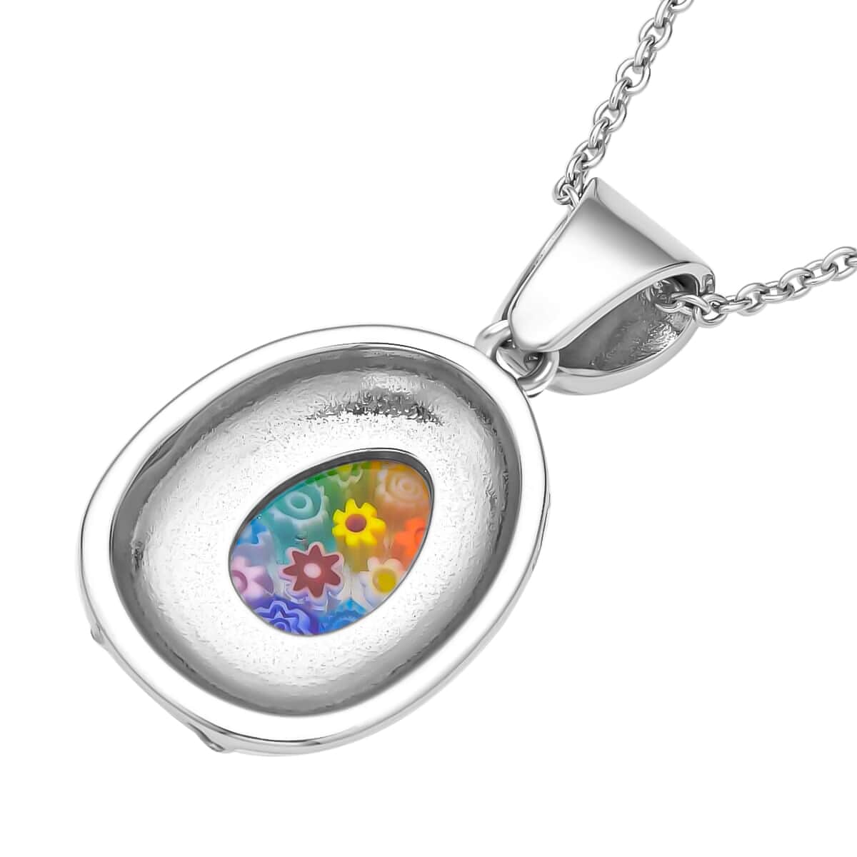 Multi Color Murano Style, Austrian Crystal, Enameled Pendant Necklace 20 Inches in Stainless Steel, Floral Millefiori Pendant Necklace, Sweatproof Hypoallergenic Necklace, Gift For Her image number 4