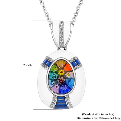 Multi Color Murano Style, Austrian Crystal, Enameled Pendant Necklace in Stainless Steel 20 Inches