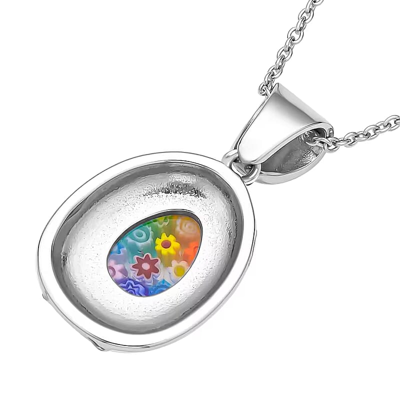 Multi Color Murano Style, Austrian Crystal, Enameled Pendant Necklace in Stainless Steel 20 Inches
