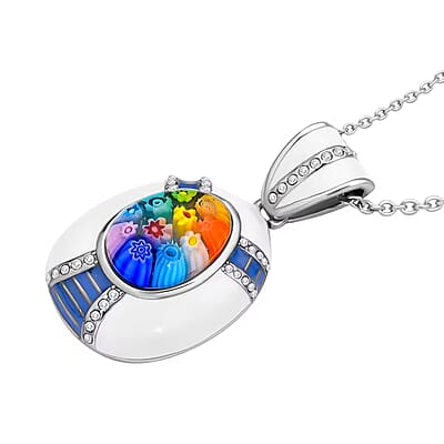 Multi Color Murano Style, Austrian Crystal, Enameled Pendant Necklace in Stainless Steel 20 Inches