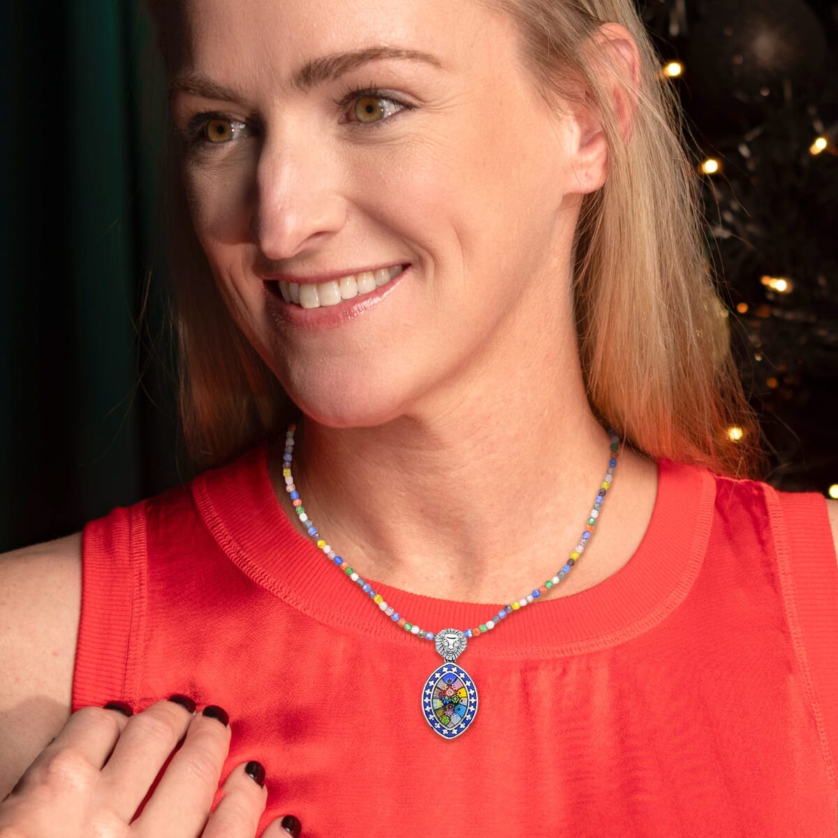 Multi Color Murano Style Enameled Pendant with Facet Beaded Necklace in Stainless Steel, Colorful Jewelry, Gift For Her 20 Inches image number 1