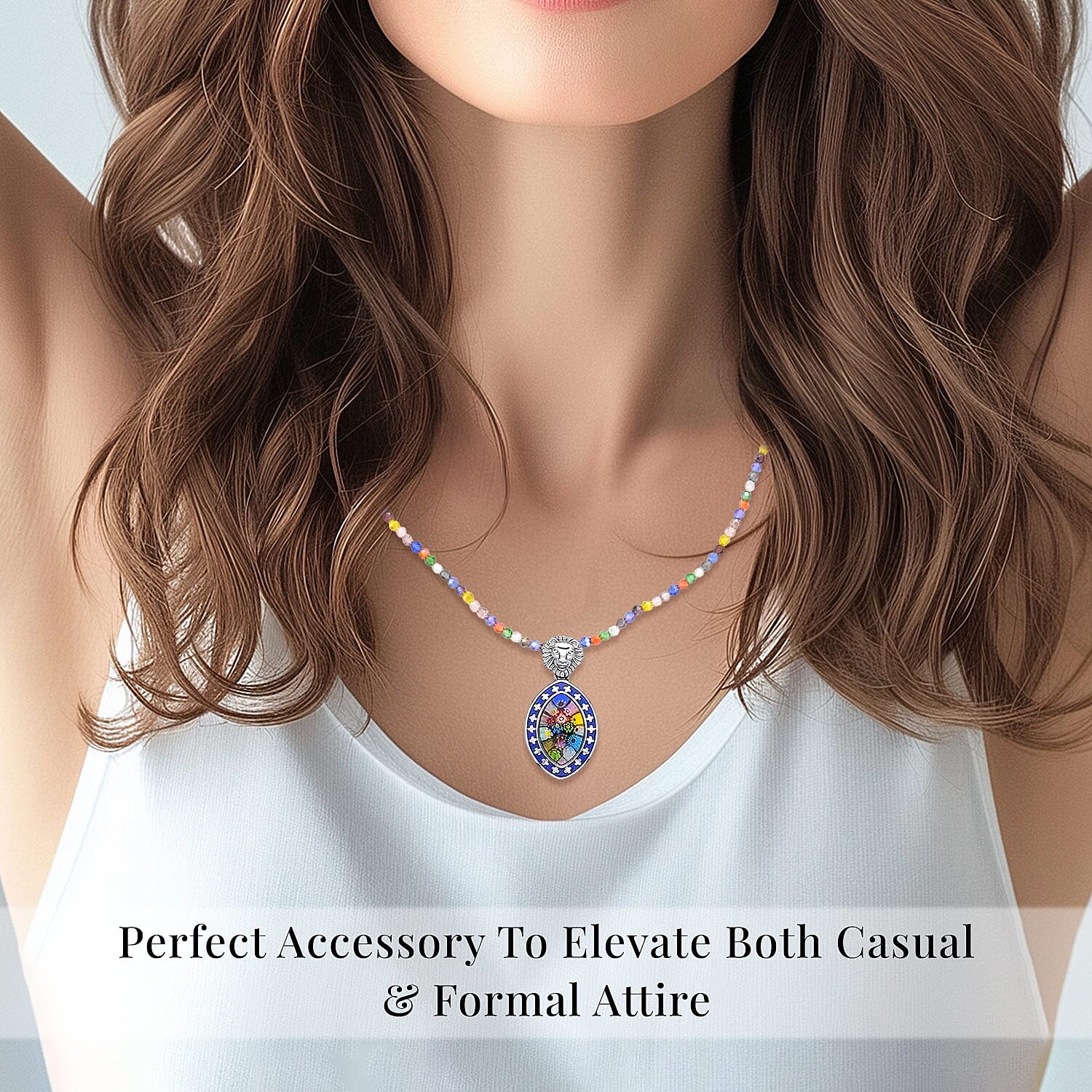 Multi Color Murano Style Enameled Pendant with Facet Beaded Necklace in Stainless Steel, Colorful Jewelry, Gift For Her 20 Inches