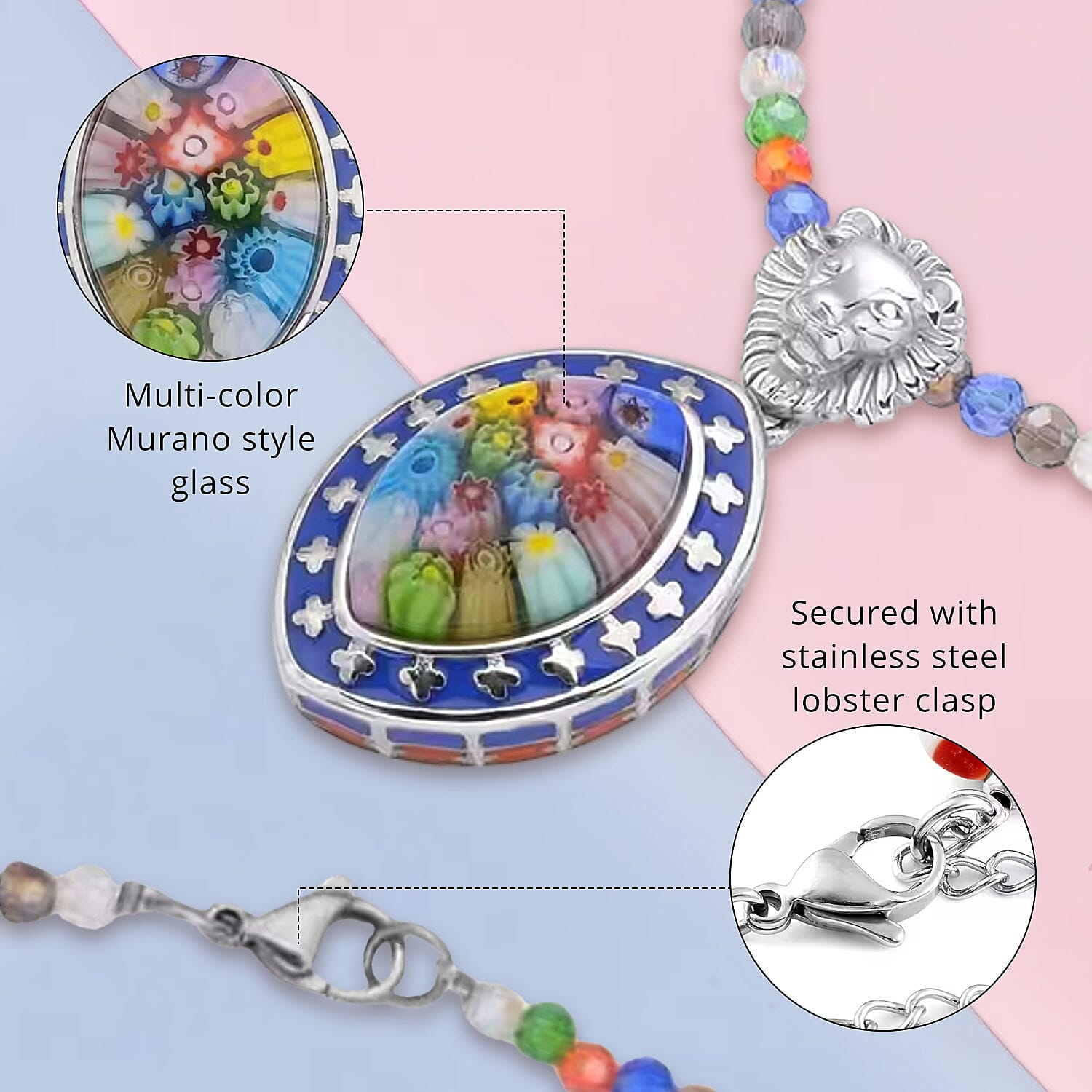 Multi Color Murano Style Enameled Pendant with Facet Beaded Necklace in Stainless Steel, Colorful Jewelry, Gift For Her 20 Inches