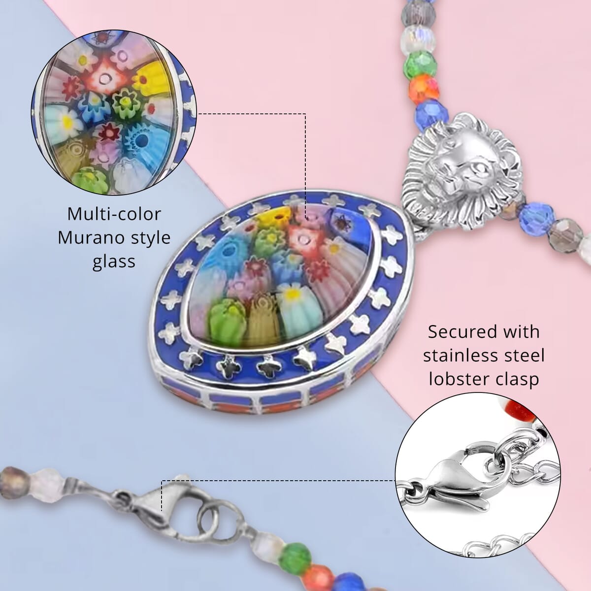 Multi Color Murano Style Enameled Pendant with Facet Beaded Necklace in Stainless Steel, Colorful Jewelry, Gift For Her 20 Inches image number 4