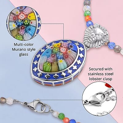 Multi Color Murano Style Enameled Pendant with Facet Beaded Necklace in Stainless Steel, Colorful Jewelry, Gift For Her 20 Inches