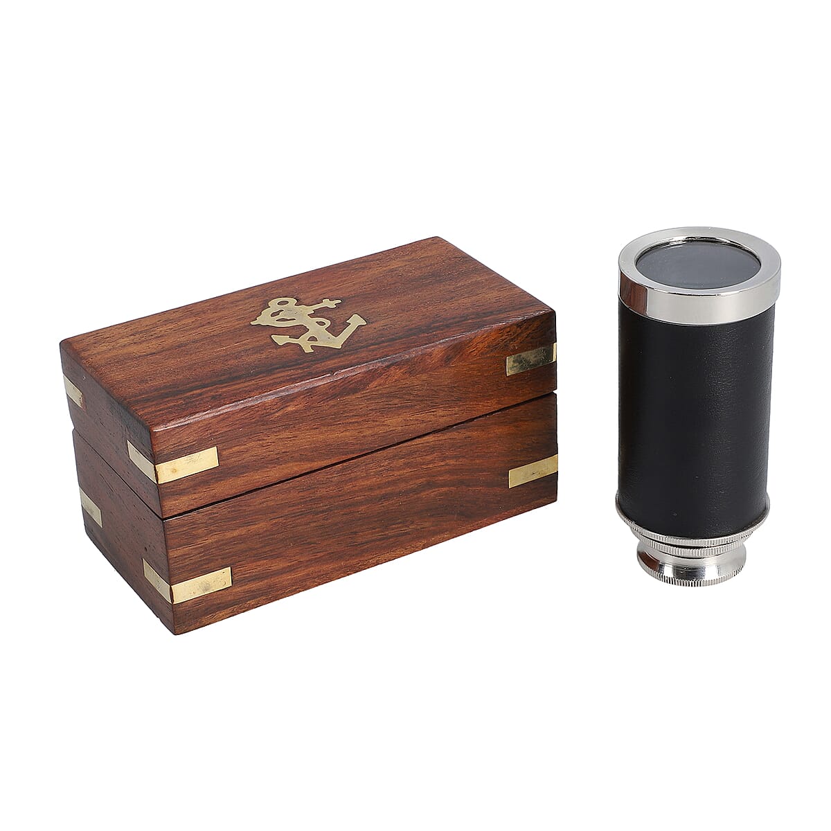 Handcrafted Fully Functional Telescope with Black Leather Stitched and Wooden Gift Box (6 in) image number 0