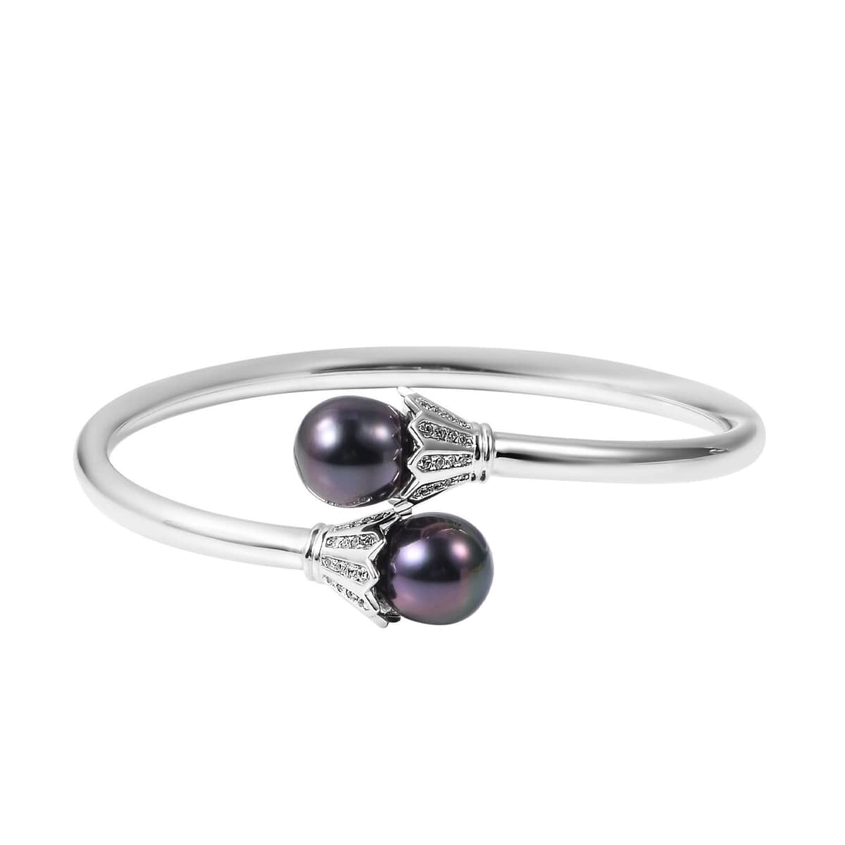 Tahitian Cultured Pearl and Natural White Zircon Cuff Bracelet in Platinum Over Sterling Silver (6.75 in) 12.85 Grams 0.50 ctw image number 0