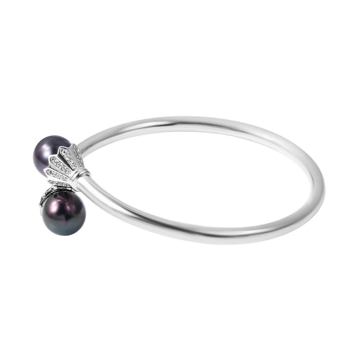Tahitian Cultured Pearl and Natural White Zircon Cuff Bracelet in Platinum Over Sterling Silver (6.75 in) 12.85 Grams 0.50 ctw image number 2