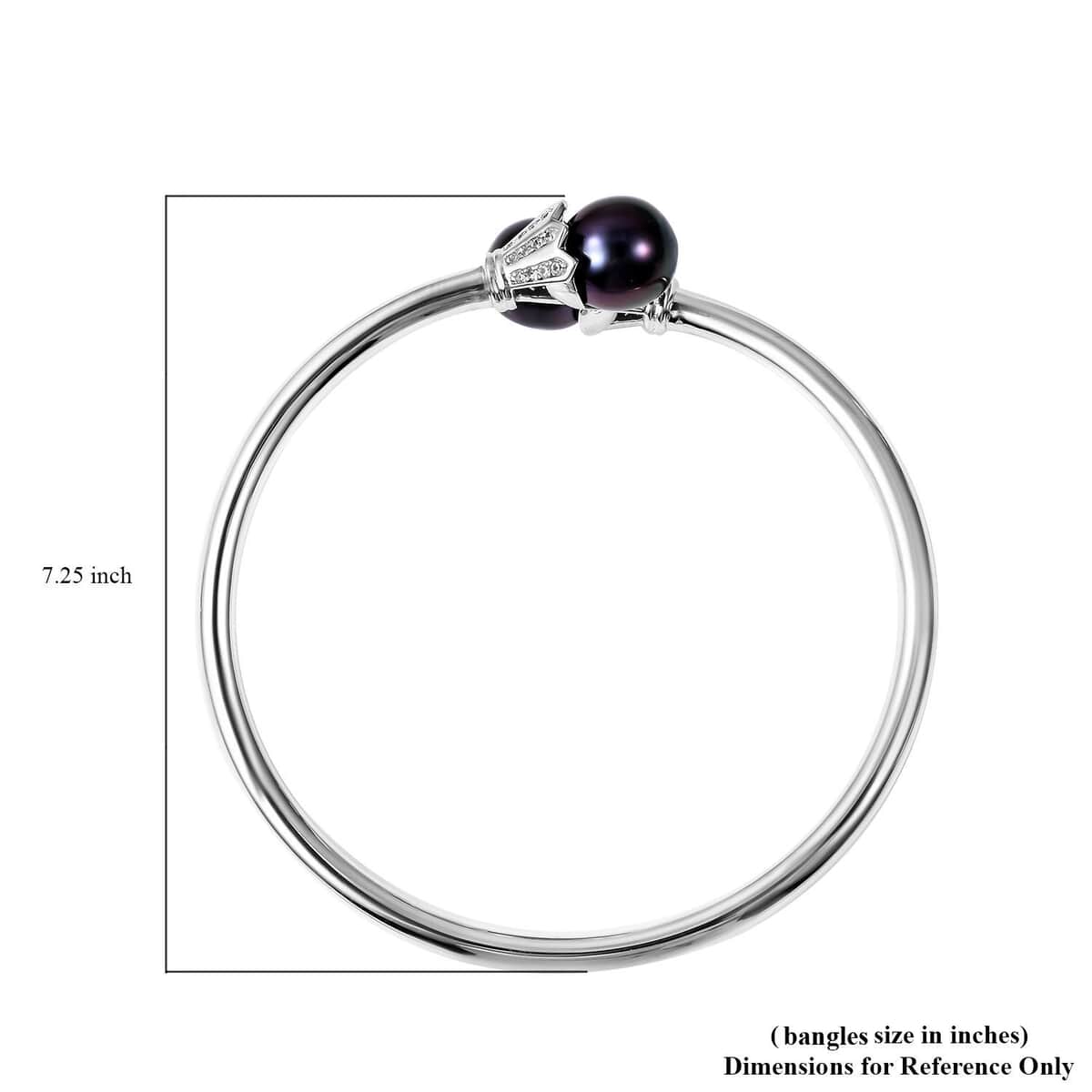 Tahitian Cultured Pearl and Natural White Zircon Cuff Bracelet in Platinum Over Sterling Silver (6.75 in) 12.85 Grams 0.50 ctw image number 4