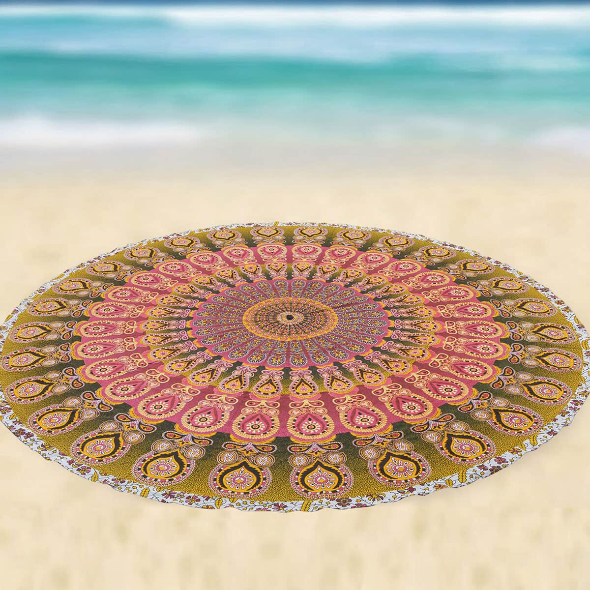 Hand Painted Green, Multi Color Mandala Pattern Mat (72 in, Cotton) image number 1