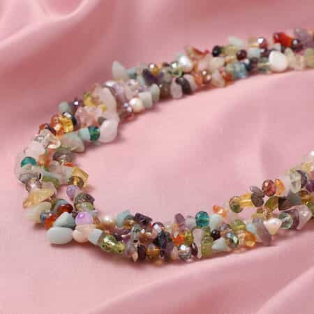 Multi Gemstone and Freshwater White Pearl Necklace 18 Inches in Sterling Silver 268.00 ctw image number 1