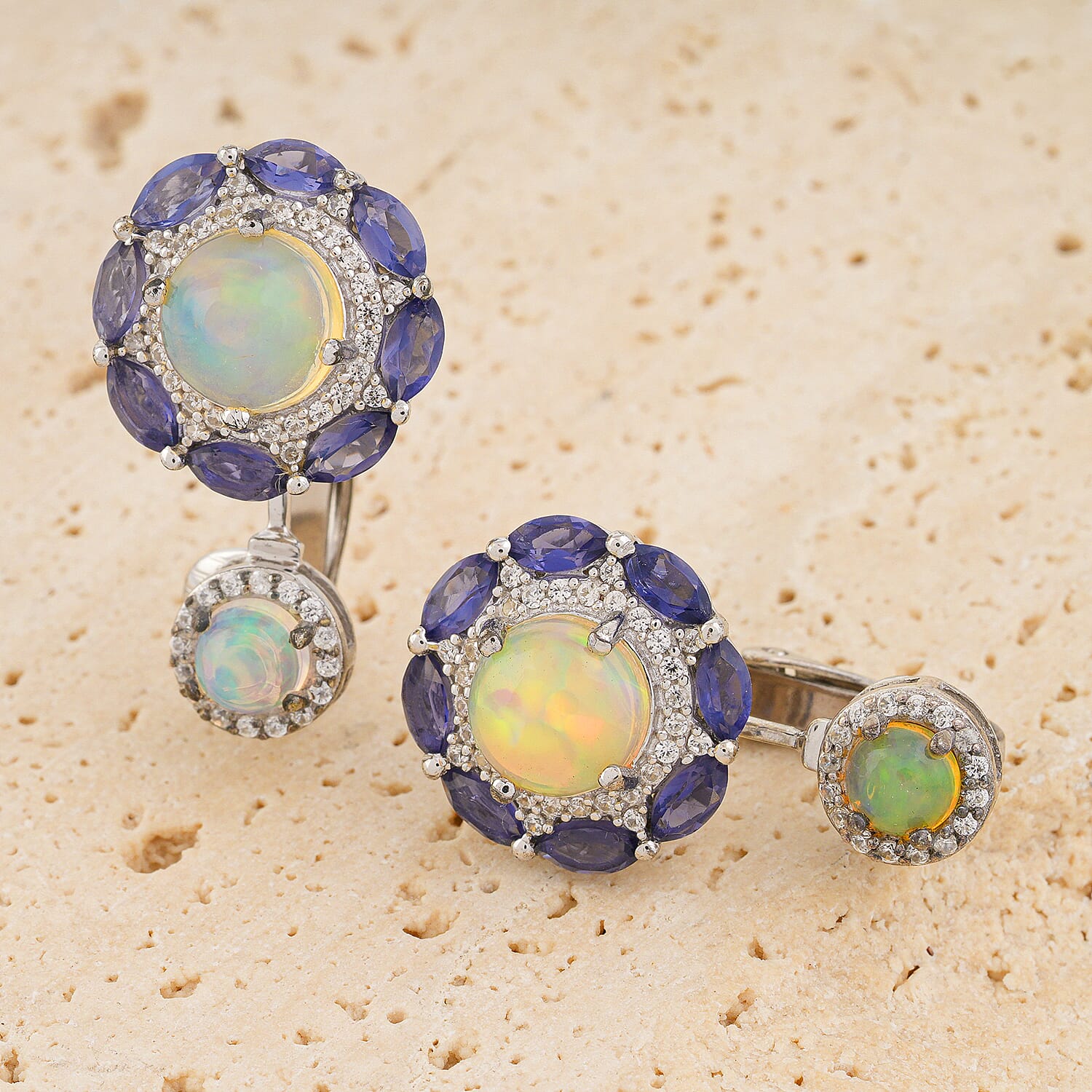 Ethiopian Welo Opal and Multi Gemstone Ear Jacket Earrings in Platinum Over Sterling Silver 7.80 Grams 5.70 ctw